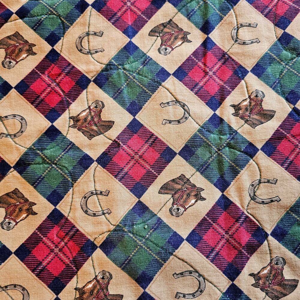 Vintage Equestrian Quilted Throw Horses Plaid Western Cabin Blanket